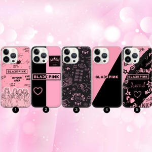 May include: Five pink and black phone cases with different designs. The cases display the text "BLACKPINK", hearts, stars, and illustrations. One case has the text "IN YOUR AREA" and another has the text "BLINK".