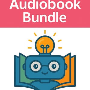 May include: Illustration promoting an eBook and Audiobook Bundle. The image features a blue robot character with glasses, holding an open book. A glowing orange lightbulb sits atop the robot's head. The text "eBook and Audiobook Bundle" is displayed above.