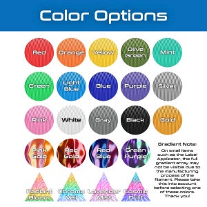 May include: Image displaying a color chart with various options. The chart includes circles in red, orange, yellow, olive green, mint, green, light blue, blue, purple, silver, pink, white, gray, black, and gold. Additional gradient colors are also shown.