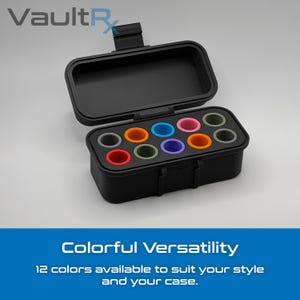 May include: Black storage case with an open lid, revealing a tray with twelve colorful, cylindrical inserts. The inserts are in various colors, including red, orange, yellow, green, blue, and purple. The text "Colorful Versatility" is displayed below the case.
