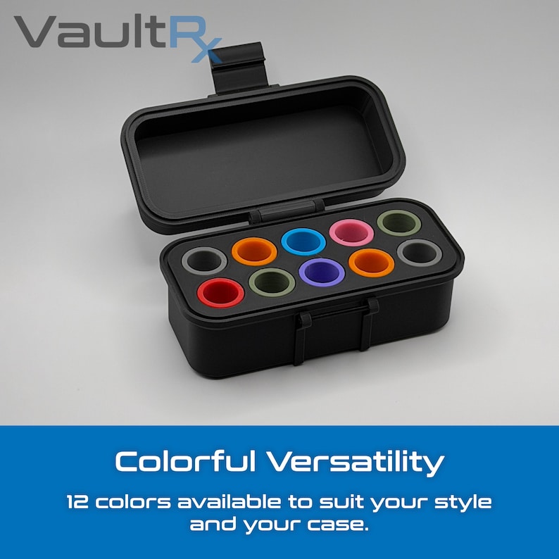 May include: Black storage case with an open lid, revealing a tray with twelve colorful, cylindrical inserts. The inserts are in various colors, including red, orange, yellow, green, blue, and purple. The text "Colorful Versatility" is displayed below the case.