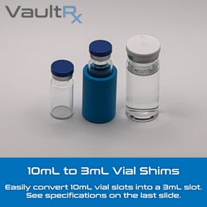 May include: Three clear glass vials with blue and white caps. One vial is inside a blue holder. The text "10mL to 3mL Vial Shims" is at the bottom of the image.
