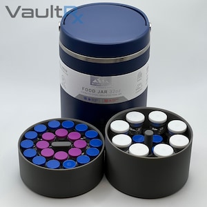 May include: A navy blue stainless steel insulated food jar with a 32oz capacity, accompanied by two gray containers holding small glass bottles with blue, white, and purple caps. The jar has a silver band and the text "FOOD JAR 32oz".