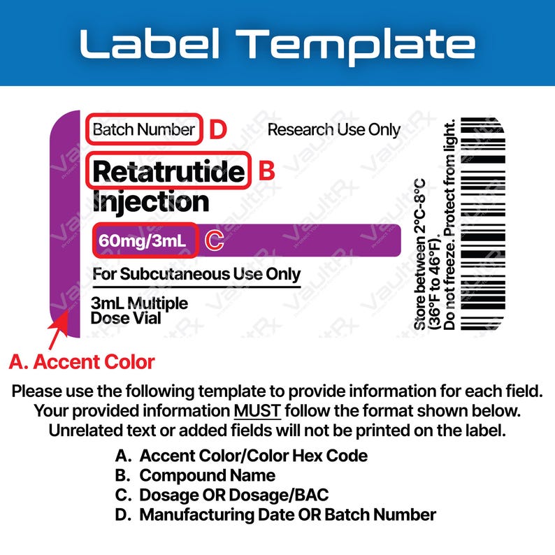 May include: A label template with a blue header and a purple accent. The label includes text fields for compound name, dosage, and batch number. It also features a barcode and instructions for storage.