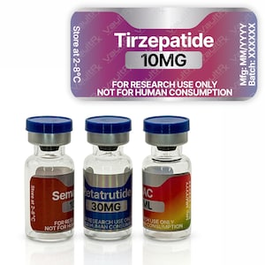 May include: Three glass vials with blue caps and labels. The labels display text including "Sema 10", "Retatrutide 30MG", and "AC ML". A label above reads "Tirzepatide 10MG" with the text "FOR RESEARCH USE ONLY NOT FOR HUMAN CONSUMPTION".