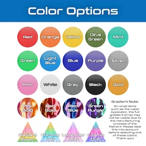 May include: Image displaying a color chart with various options. The chart includes circles in red, orange, yellow, olive green, mint, green, light blue, blue, purple, silver, pink, white, gray, black, and gold. Additional gradient colors are also shown.