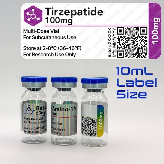 10ml tirzepatide Peptide Vial Labels for 10ml Vials | 2.5" X 1.0" Labels | Waterproof,  Oil-proof, Durable