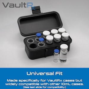 May include: Black rectangular case with an open lid, holding several small glass vials with white and blue caps. The text "VaultR" is visible. The text "Universal Fit" is displayed below the case.
