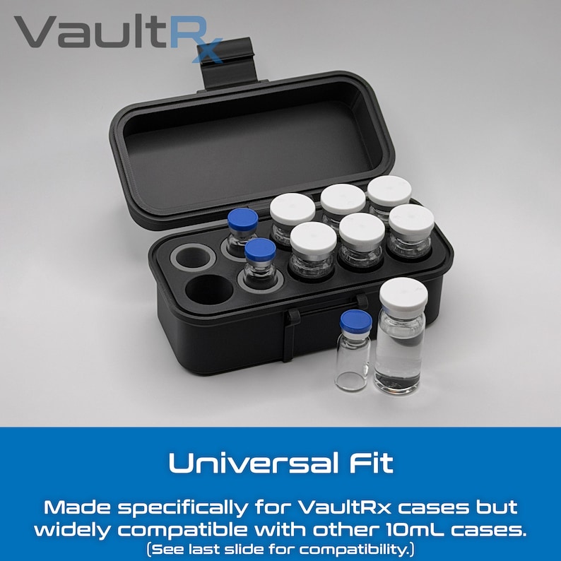 May include: Black rectangular case with an open lid, holding several small glass vials with white and blue caps. The text "VaultR" is visible. The text "Universal Fit" is displayed below the case.