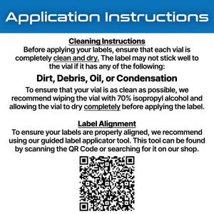 May include: A white background with blue banner at the top, displaying "Application Instructions". Text provides cleaning and label alignment instructions for labels. A QR code is at the bottom.