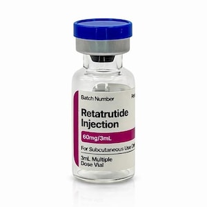 May include: A clear glass vial with a blue cap and silver rim. The vial contains a liquid and has a label with the text "Retatrutide Injection 60mg/3mL" and "For Subcutaneous Use Only". The vial is a 3mL multiple dose vial.