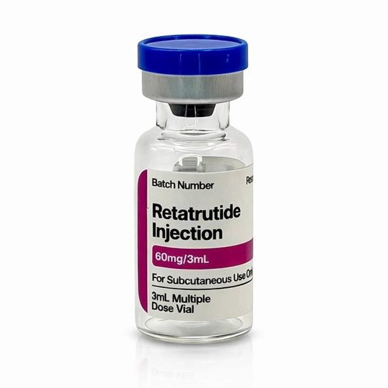 May include: A clear glass vial with a blue cap and silver rim. The vial contains a liquid and has a label with the text "Retatrutide Injection 60mg/3mL" and "For Subcutaneous Use Only". The vial is a 3mL multiple dose vial.