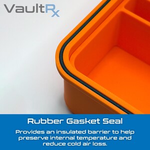 May include: Close-up of an orange container with a black rubber gasket seal. The text "VaultRx" is in the upper left corner. Below, the text "Rubber Gasket Seal" is displayed, followed by a description of the seal's function.