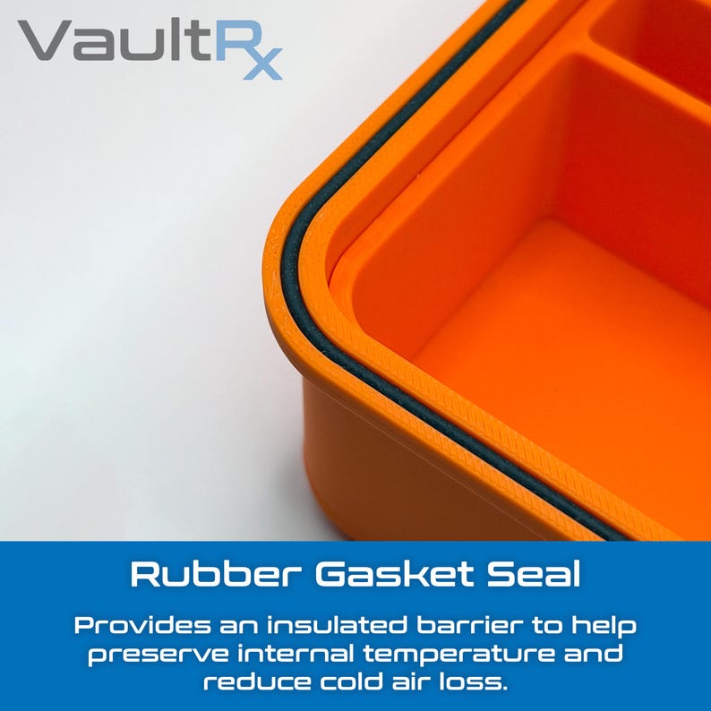 May include: Close-up of an orange container with a black rubber gasket seal. The text "VaultRx" is in the upper left corner. Below, the text "Rubber Gasket Seal" is displayed, followed by a description of the seal's function.