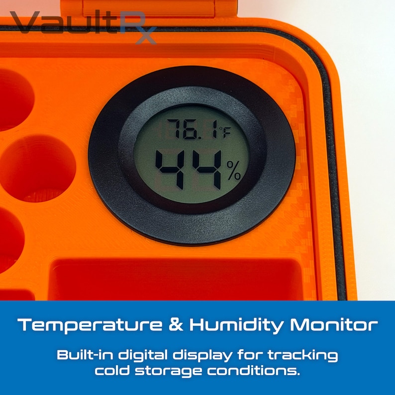 May include: An orange container with a digital temperature and humidity monitor. The display shows 76.1&deg;F and 44%. The text at the bottom reads "Temperature & Humidity Monitor" and "Built-in digital display for tracking cold storage conditions."