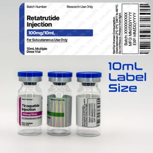 May include: Three clear glass vials with blue caps, labeled with text including "Retatrutide Injection" and "100mg/10mL". The vials are for research use only and are 10mL in size. The image also includes a label with similar information.