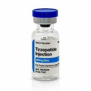 May include: A clear glass vial with a blue cap and a silver metal seal. The vial contains Tirzepatide Injection, 60mg/3mL, for subcutaneous use. The label also indicates it is a 3mL multiple dose vial. The vial is on a white background.