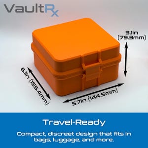 May include: An orange travel case with a secure latch. The case measures 6.1 inches (155.4mm) long, 5.7 inches (144.5mm) wide, and 3.1 inches (79.3mm) high. The text "Travel-Ready" is displayed below the case.