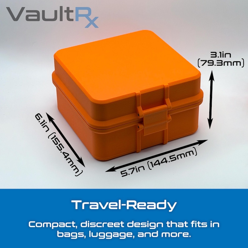 May include: An orange travel case with a secure latch. The case measures 6.1 inches (155.4mm) long, 5.7 inches (144.5mm) wide, and 3.1 inches (79.3mm) high. The text "Travel-Ready" is displayed below the case.