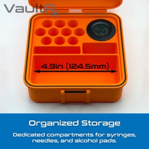 May include: An orange storage case with multiple compartments, including circular and rectangular spaces. The case measures 4.9 inches (124.5mm) across and features a digital display. Text on the case reads "Organized Storage".