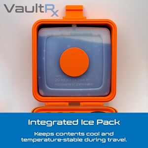 May include: An orange, rectangular container with a blue ice pack inside. The container has a circular orange accent and the text "VaultRx" at the top. The text "Integrated Ice Pack" and other text are at the bottom.