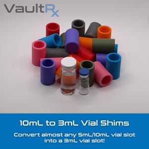 May include: An assortment of colorful 10mL to 3mL vial shims in various colors, including pink, blue, purple, and orange. Two vials are visible, one filled with liquid. Text reads "10mL to 3mL Vial Shims" and "Convert almost any 5mL/10mL vial slot into a 3mL vial slot!"