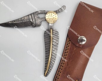 Handmade Damascus Leaf style Pocket knife with Leather Sheath, Damascus Folding Knife