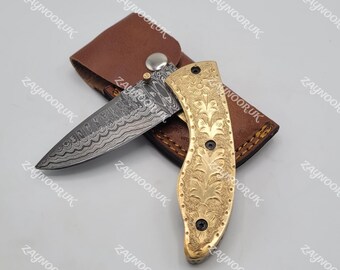 Handmade Damascus Engraved Folding Pocket knife Leather Sheath, Damascus camping Knife