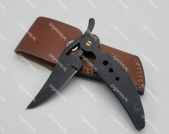Hand Forged Stainless Steel Leaf style Pocket knife with Leather Sheath, Damascus Folding Knife