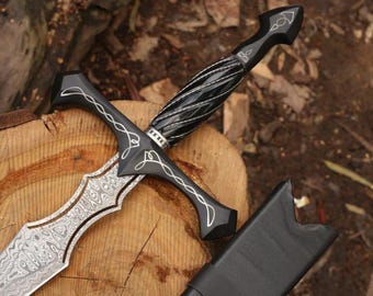Hand Forged Damascus Steel Viking Sword with Leather Sheath, Decorative Collectible Blade