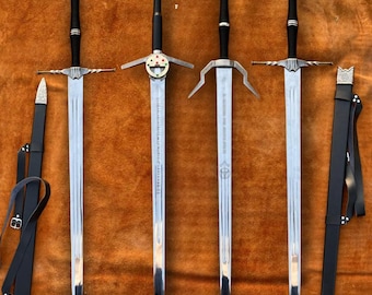 4 Pair Witcher Sword of Geralt Of Rivia Handmade Stainless Steel Viking Medieval Templars Sword with Leather Sheath