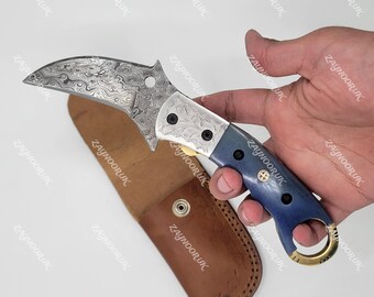 Handmade Damascus Karambit Folding Pocket knife Leather Sheath, Damascus camping tool