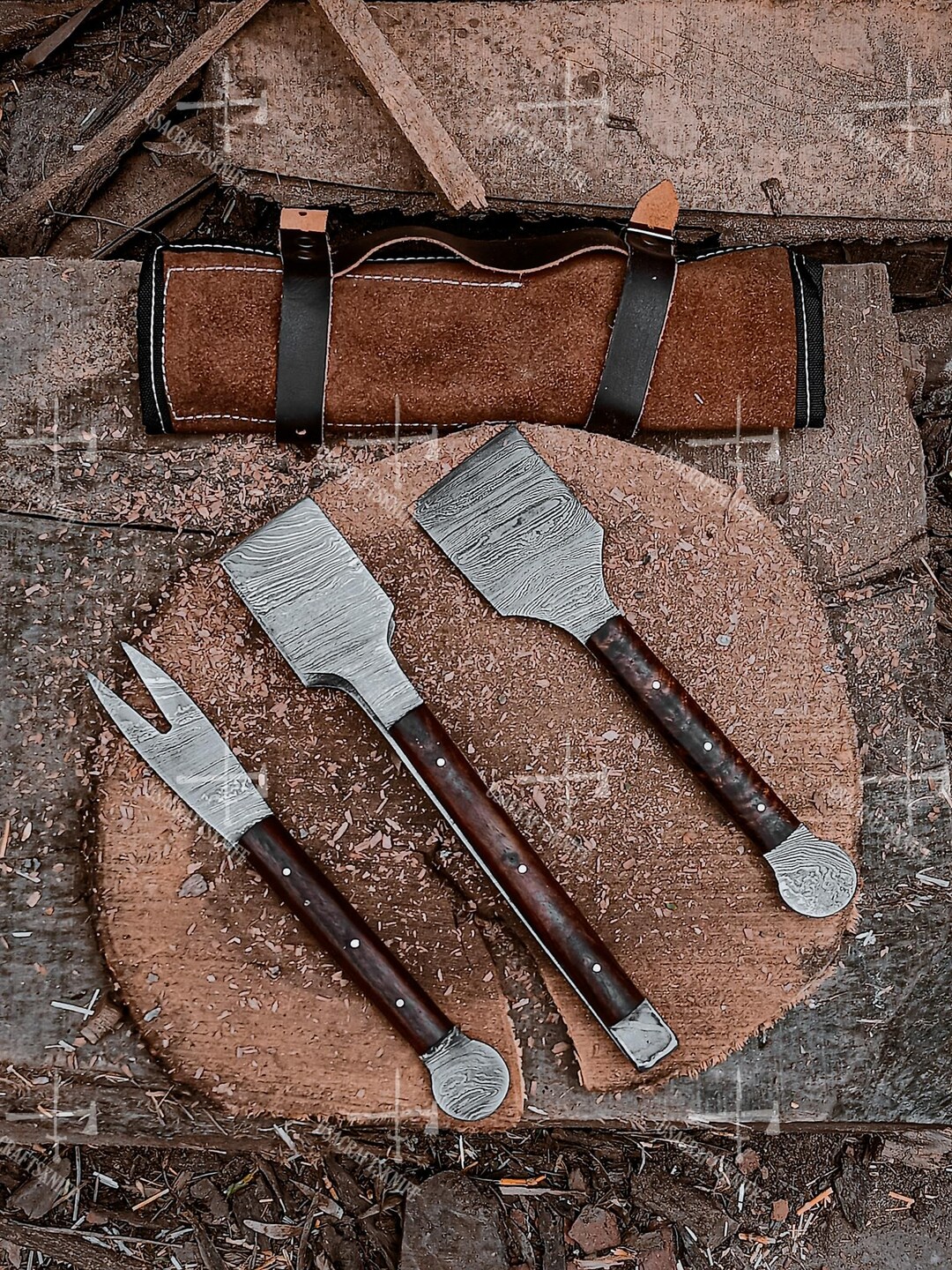 BBQ Tong Set, Hand Forged Damascus Chef's Knife Set, Wooden Tool for ...