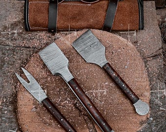 BBQ Tong set, Hand Forged Damascus Chef's Knife Set, Wooden Tool for Outdoor Cooking, Idea For Barbecue, Gift for cooking lover