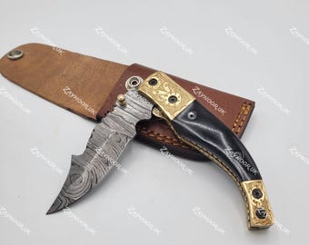 Handmade Damascus Engraved Folding Pocket knife Leather Sheath, Damascus camping Knife