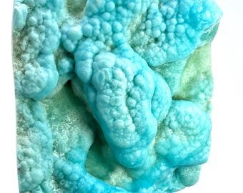 Puede incluir: Un espécimen mineral turquesa con una superficie texturizada y burbujeante. La piedra tiene una base verde claro, y las formaciones turquesas crean un contraste llamativo. El espécimen se sostiene sobre un fondo blanco. El mineral mide unos 10 cm de largo.
