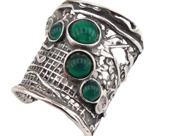 Hadar Jewelry, Israeli Design, Sterling Silver Wide Ring Decorated With Green Agate, Handcrafted Sterling Silver, Green Agate Ring