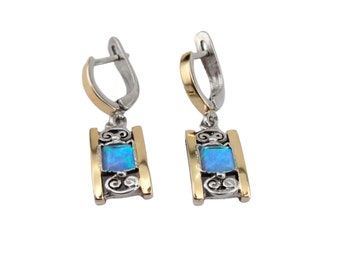 Mosaic Opal Earrings, Sterling Silver and Yello Gold Earrings, Filigree square earrings, Handmade earrings, Israeli designers,Hadar Jewelry