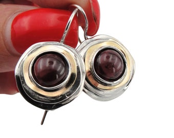 Red Garnet Earrings: Handmade Sterling Silver & 9k Gold Circle Design