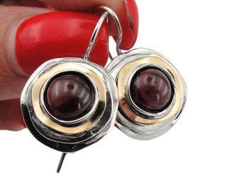 Red Garnet Earrings, Sterling Silver and Yellow Gold earrings, Handmade Silver earrings, Circle earrings, Israel Designers, Hadar Jewelry