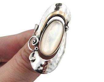 Mother of Pearl Ring, Sterling Silver and Gold Ring, Wide Ring, Long Ring, Israeli Jewelry, Israeli Design (ms 325rm)