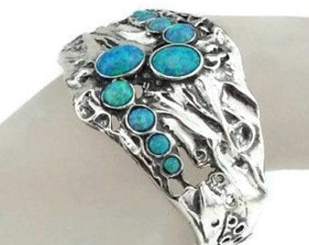 Sterling Silver Cuff Bracelet with Mosaic Blue Opal Gemstones, Bold Bracelet, Statement Bracelet, Israeli Bracelet, Israeli Design, Hadar