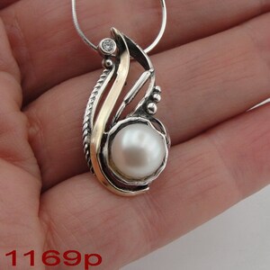 Pearl Pendant, Sterling Silver and Yellow Gold, Zircon Pendant, Handmade Silver, Zircon Silver Pendant, Israeli Designers, Hadar Jewelry