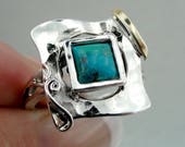 Sterling Silver 925 and 9K Yellow Gold rings , Handcrafted square rings,turquoise stone rings,gift , christmas (ms 328r)