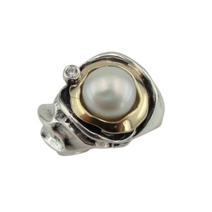 Hadar Jewelry Handcrafted Israel Art Sterling Silver Pearl Ring Gold 9k Zircon Gift For Her