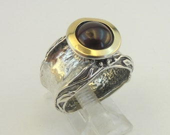Garnet Band Ring, 925 Sterling Silver And 9K Yellow Gold Ring, Free Shipping Israeli Jewelry, Red Stone
