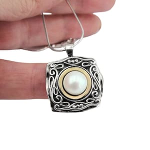 Pearl Pendant, Sterling Silver and Gold Pendant, Israeli Jewelry,Filigree Silver Pendant, Square pendant, Israeli Designs, Hadar Jewelry