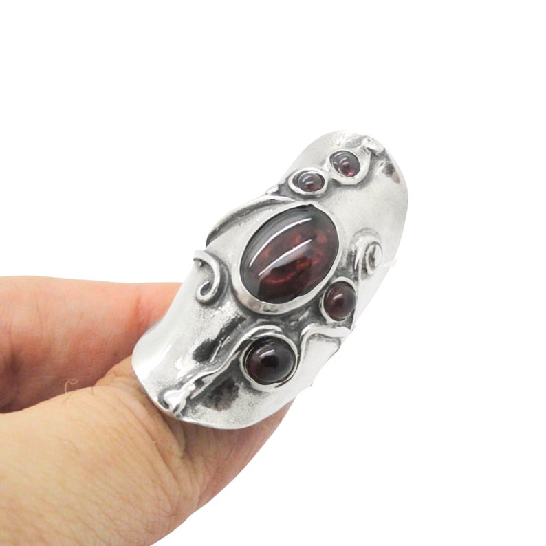 Garnet Ring, Sterling SIlver and Garnet Ring, Long Silver ring, Armor Ring, Finger long Ring, Unisex Jewelry, Israeli Jewelry h 174 image 1