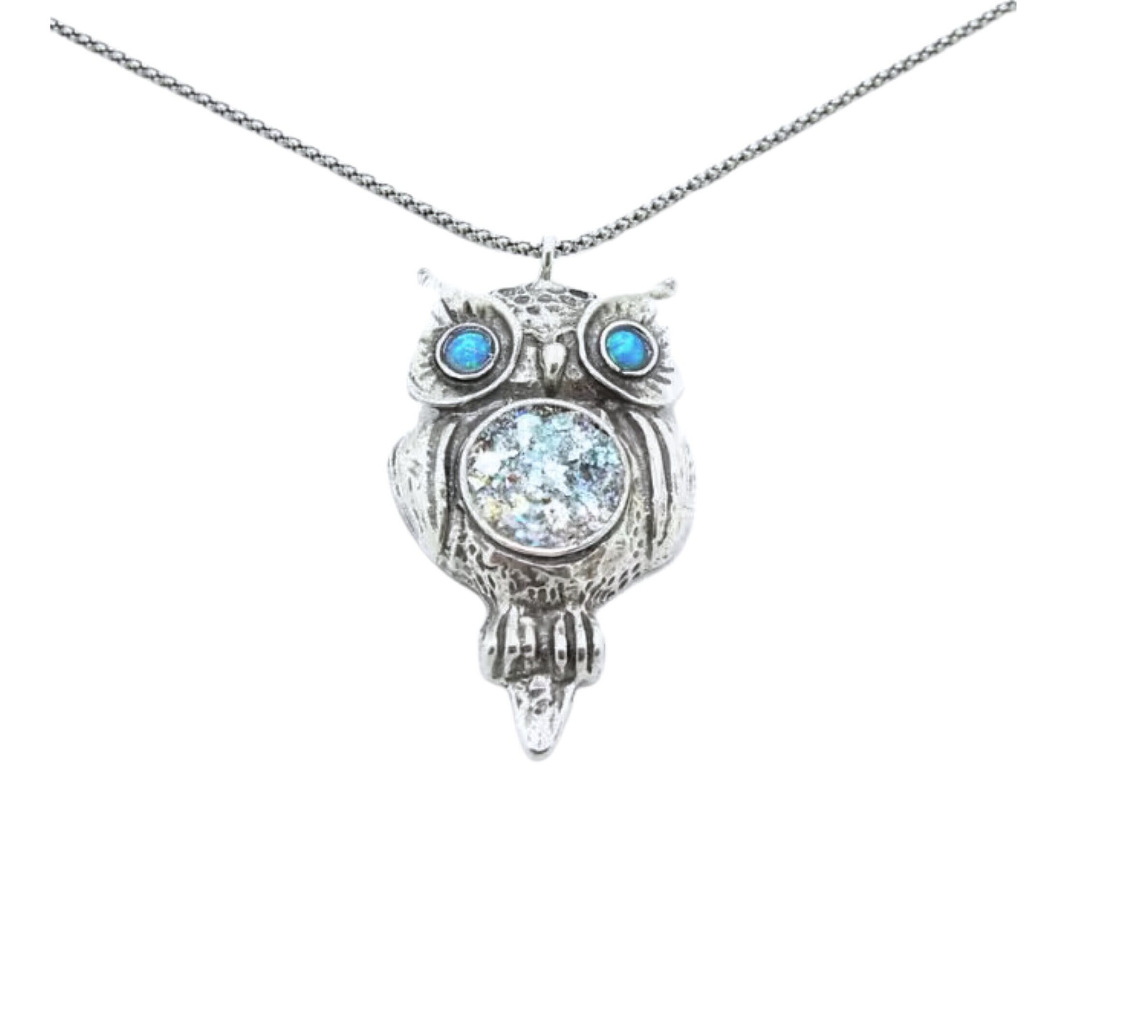 Sterling Silver Owl Necklace: Roman Glass & Mosaic Opal Pendant