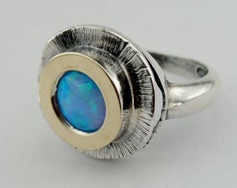 Opal Ring, Hadar Jewelry Handcrafted Israel Art 925 Sterling Silver And 9K Yellow Gold Opal Ring Free Shipping